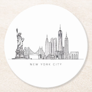 Minimalist New York City Skyline Line Art Round Paper Coaster