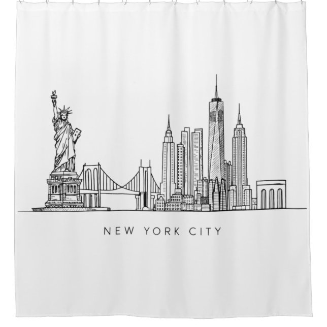 Minimalist New York City Skyline Line Art Shower Curtain (Front)