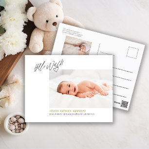 Minimalist Newborn Photo Hello World Announcement  Postcard
