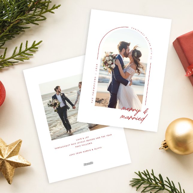 Minimalist Newlywed Beach Couple Photo Christmas Holiday Card (Creator Uploaded)