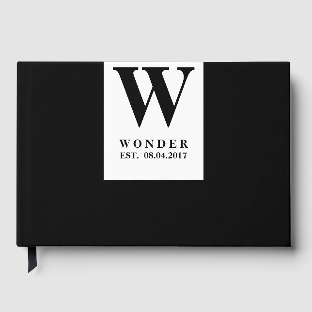 Minimalist Newlywed Logo | Black Wedding Monogram Guest Book (Front)