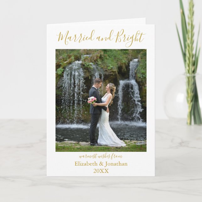 Minimalist Newlywed Photo Married & Bright Holiday Card (Front)