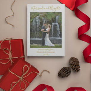 Minimalist Newlywed Photo Married & Bright Holiday Card