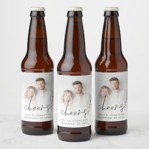 Minimalist Newlywed Photo Overlay Cheers Wedding Beer Bottle Label