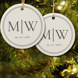 Minimalist Newlyweds Monogram Ecru Holiday Ceramic Tree Decoration