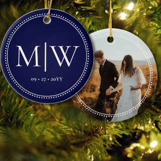 Minimalist Newlyweds Monogram Photo Blue Holiday Ceramic Tree Decoration