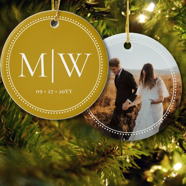 Minimalist Newlyweds Monogram Photo Gold Holiday Ceramic Tree Decoration (Creator Uploaded)