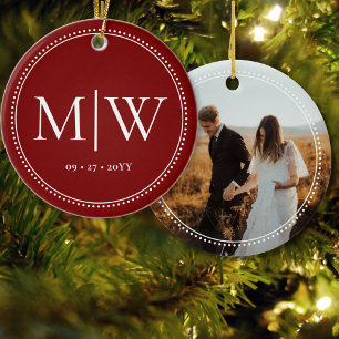 Minimalist Newlyweds Monogram Photo Red Holiday Ceramic Tree Decoration