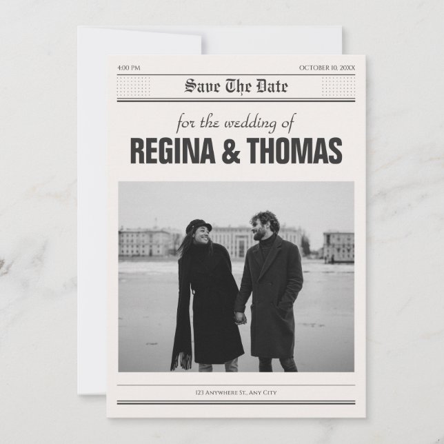 Minimalist Newspaper poster photo wedding  Save The Date (Front)