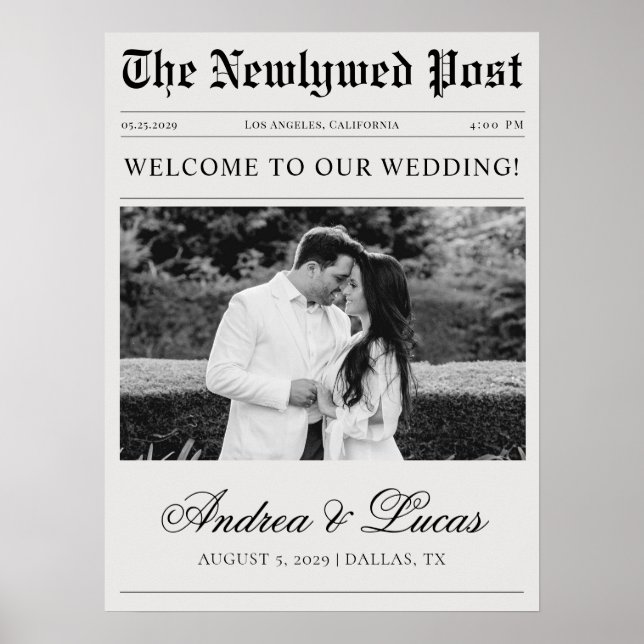 Minimalist Newspaper Style Wedding Welcome Sign (Front)