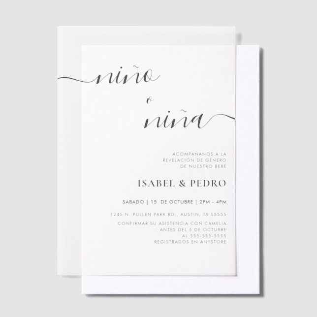 Minimalist Nino o Nina Spanish Gender Reveal Vellum Invitations (Offset)