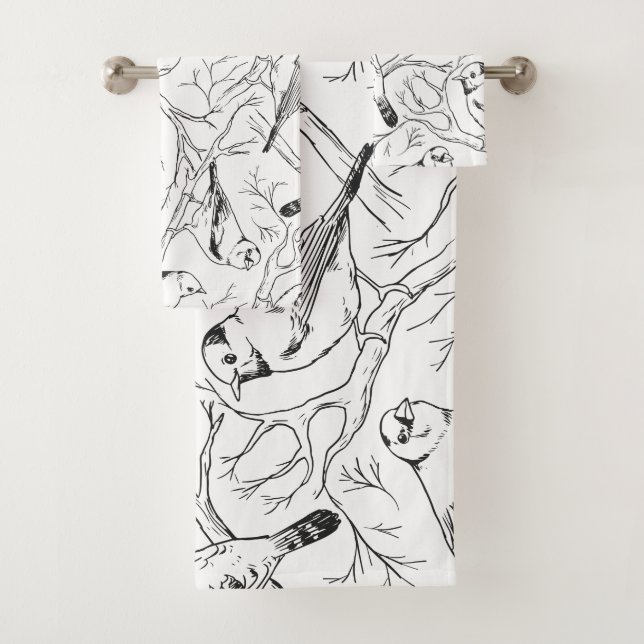 Minimalist North American Birds Line Art Pattern Bath Towel Set (Insitu)