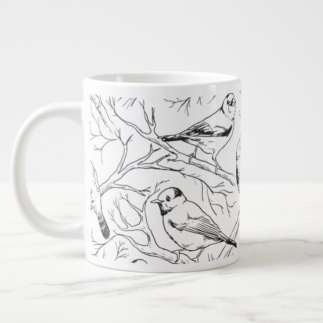 Minimalist North American Birds Line Art Pattern Large Coffee Mug (Left)