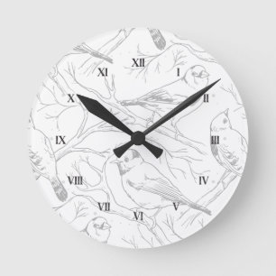 Minimalist North American Birds Line Art Pattern Round Clock