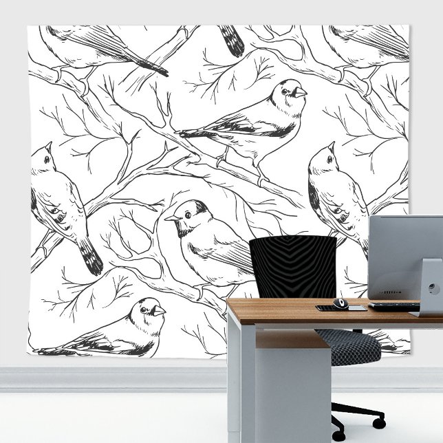 Minimalist North American Birds Line Art Pattern Tapestry (Birds Zoom and Home decor backdrop tapestry)