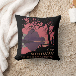 Minimalist Norway Sunset Poster - Mountain Fjord Cushion