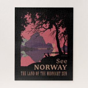 Minimalist Norway Sunset Poster - Mountain Fjord Jigsaw Puzzle