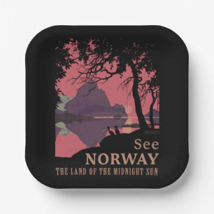 Minimalist Norway Sunset Poster - Mountain Fjord Paper Plate