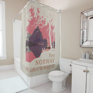 Minimalist Norway Sunset Poster - Mountain Fjord Shower Curtain