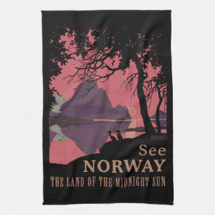 Minimalist Norway Sunset Poster - Mountain Fjord Tea Towel