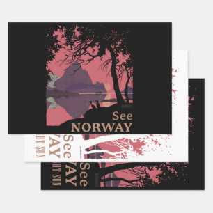 Minimalist Norway Sunset Poster - Mountain Fjord Wrapping Paper Sheet