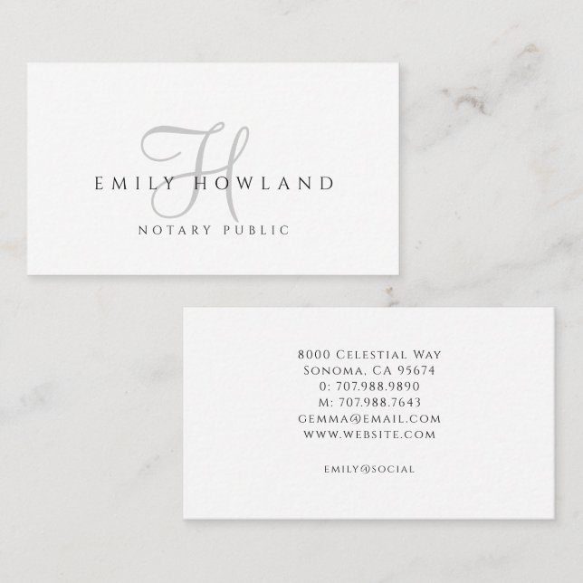 Minimalist Notary Public Script Monogram Name  Business Card (Front/Back)
