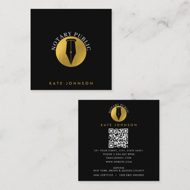 Minimalist Notary Service Signing Agent Logo Gold Square Business Card (Front/Back)