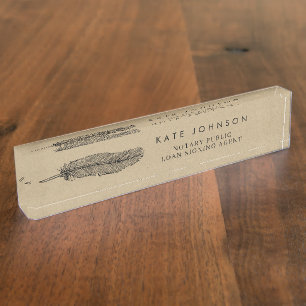 Minimalist Notary Signing Agent Feather Kraft Logo Nameplate