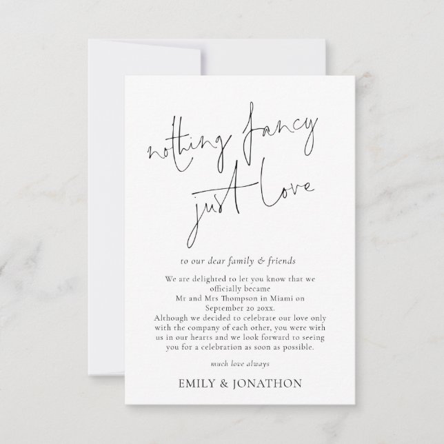 Minimalist Nothing Fancy Just Love Elopement Invitation (Front)