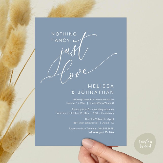 Minimalist Nothing Fancy Just Love Wedding Dinner Invitation (Minimalist Nothing Fancy Just Love Wedding Dinner Invitation Card in Chic Dusty Blue)