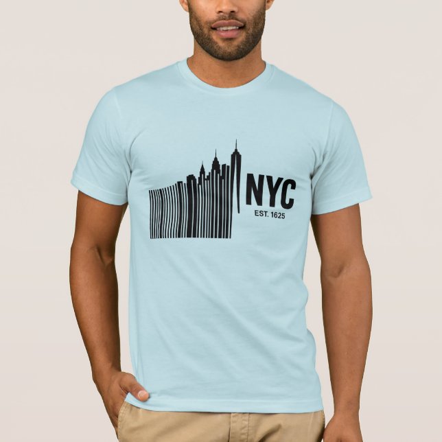 Minimalist NYC Barcode Skyline Design T-Shirt (Front)