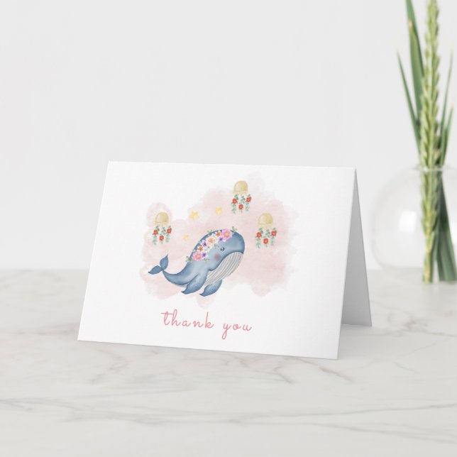 Minimalist Ocean Sweet Whale Floral Baby Shower Thank You Card (Front)