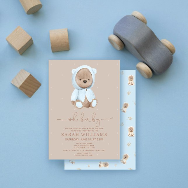 Minimalist Oh Baby Dusty Blue Bear Baby Shower Invitation (Creator Uploaded)