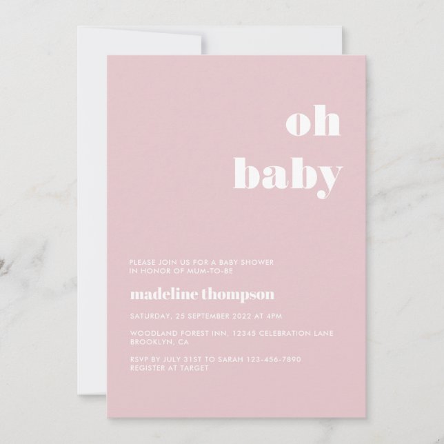 Minimalist Oh Baby Pastel Pink Baby Shower Invitation (Front)