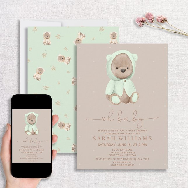 Minimalist Oh Baby Sage Green Bear Baby Shower Invitation (Creator Uploaded)