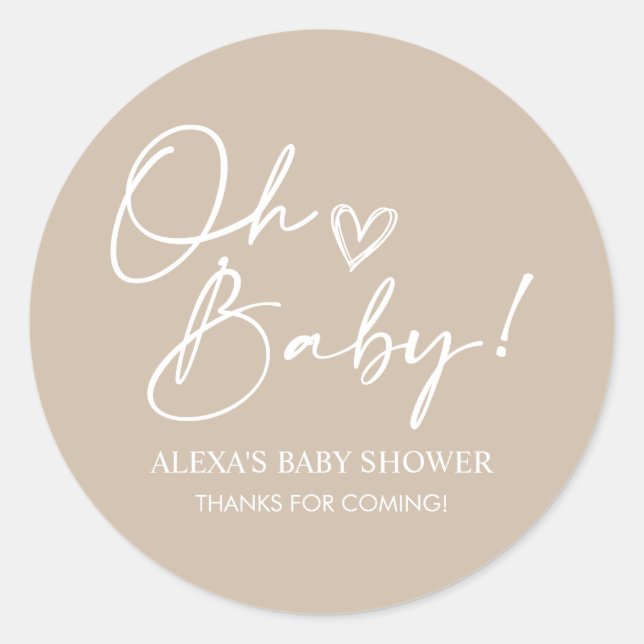 Minimalist Oh Baby Shower Beige Favour Stickers (Front)