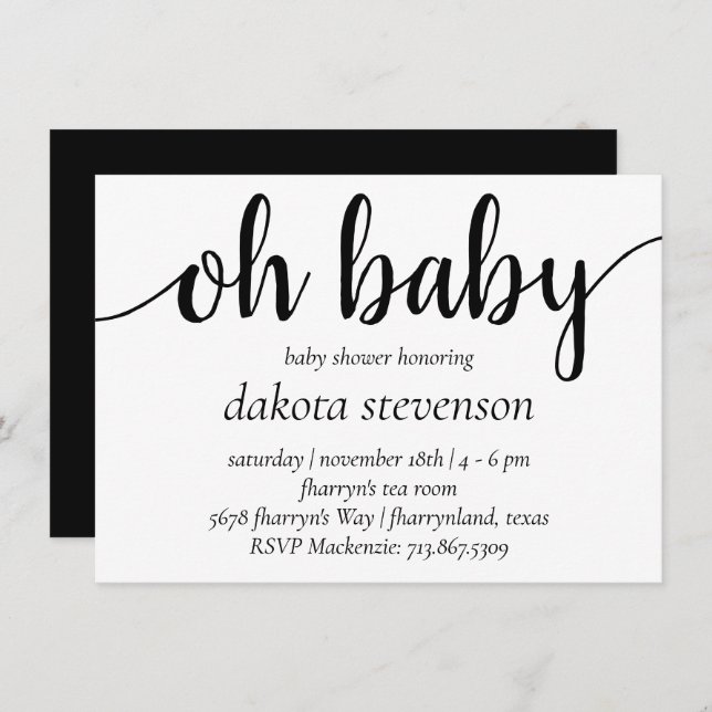 Minimalist Oh Baby Shower | Chic Black and White Invitation (Front/Back)