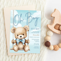 Minimalist Oh Boy It's A Boy Blue Bear Baby Shower
