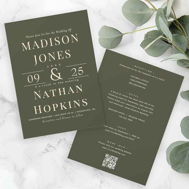 Minimalist Olive Green All In One Wedding QR Code Invitation (Creator Uploaded)