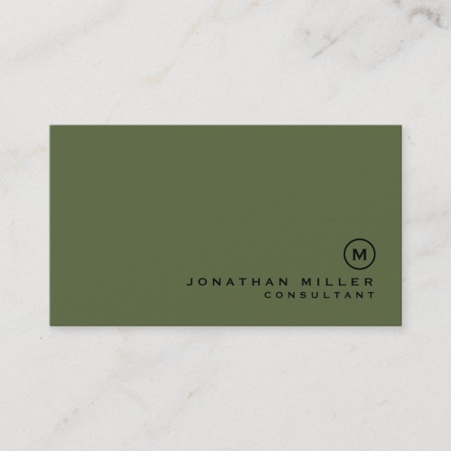Minimalist Olive Green Monogram Business Card (Front)