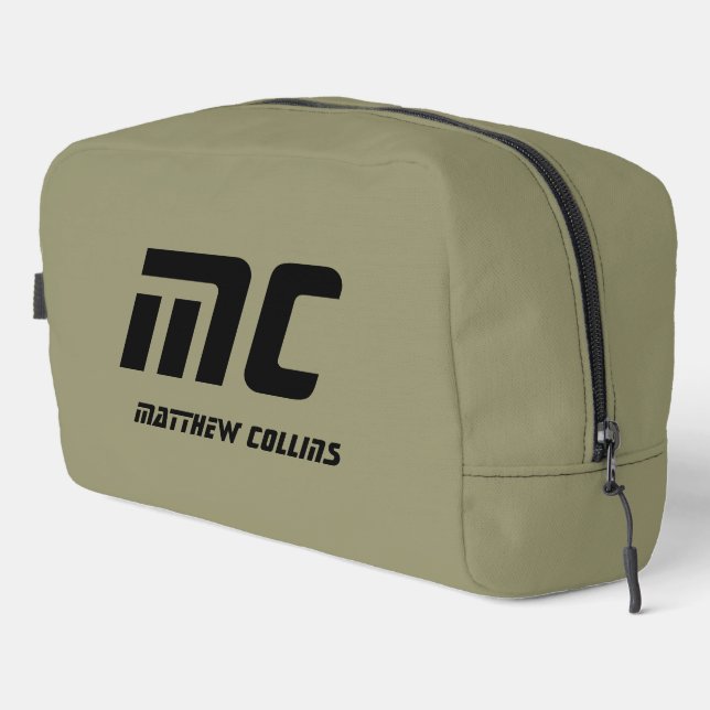 Minimalist Olive Green Monogram Name Mens Dopp Kit (Right Corner)