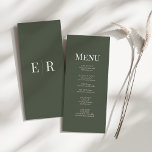 Minimalist Olive Green Monogram Wedding Menu Card<br><div class="desc">Elevate your wedding dining experience with the Minimalist Olive Green Monogram Wedding Menu Card. Featuring a clean, contemporary design, this card showcases an elegant olive green background with a simple monogram at the top. The minimalist layout provides a clear, organised presentation of your menu, ensuring your guests can easily navigate...</div>