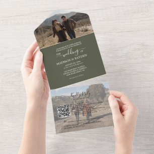 Minimalist Olive Green QR Code RSVP Wedding All In One Invitation