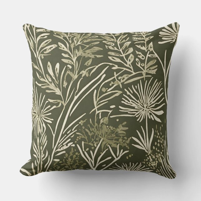 Minimalist Olive Green Sage Botanical Print Cushion (Front)