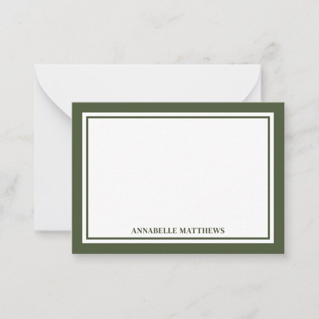 Minimalist Olive Green Two Border Monogram Card (Front)