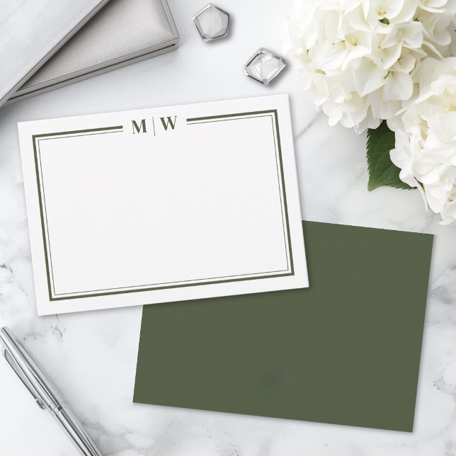 Minimalist Olive Green Two Border Monogram Card (Minimalist Olive Green Two Border Monogram Note Card )