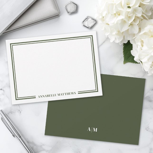 Minimalist Olive Green Two Border Monogram Card (Minimalist Olive Green Two Border Monogram Note Card)