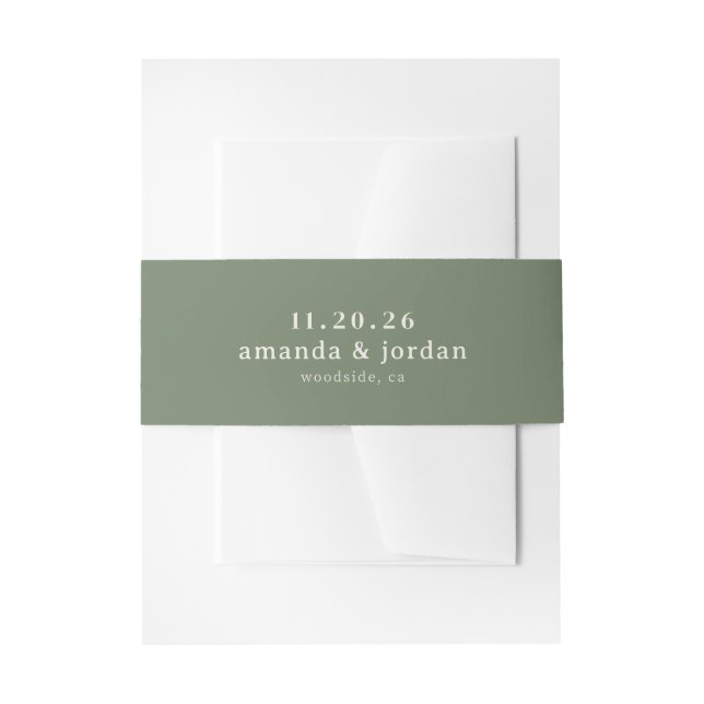 Minimalist Olive Green Typographic Invitation Belly Band (Front Example)