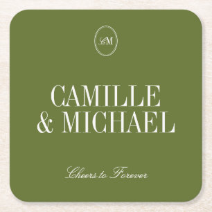 Minimalist Olive Green Wedding Monogram Square Paper Coaster