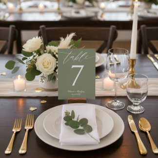 Minimalist Olive Green Wedding Table Number Card